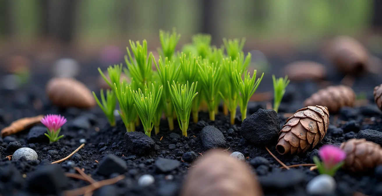 Jeunes pousses de pin gris émergeant d'un sol carbonisé avec des cônes ouverts, montrant la régénération naturelle après un incendie forestier