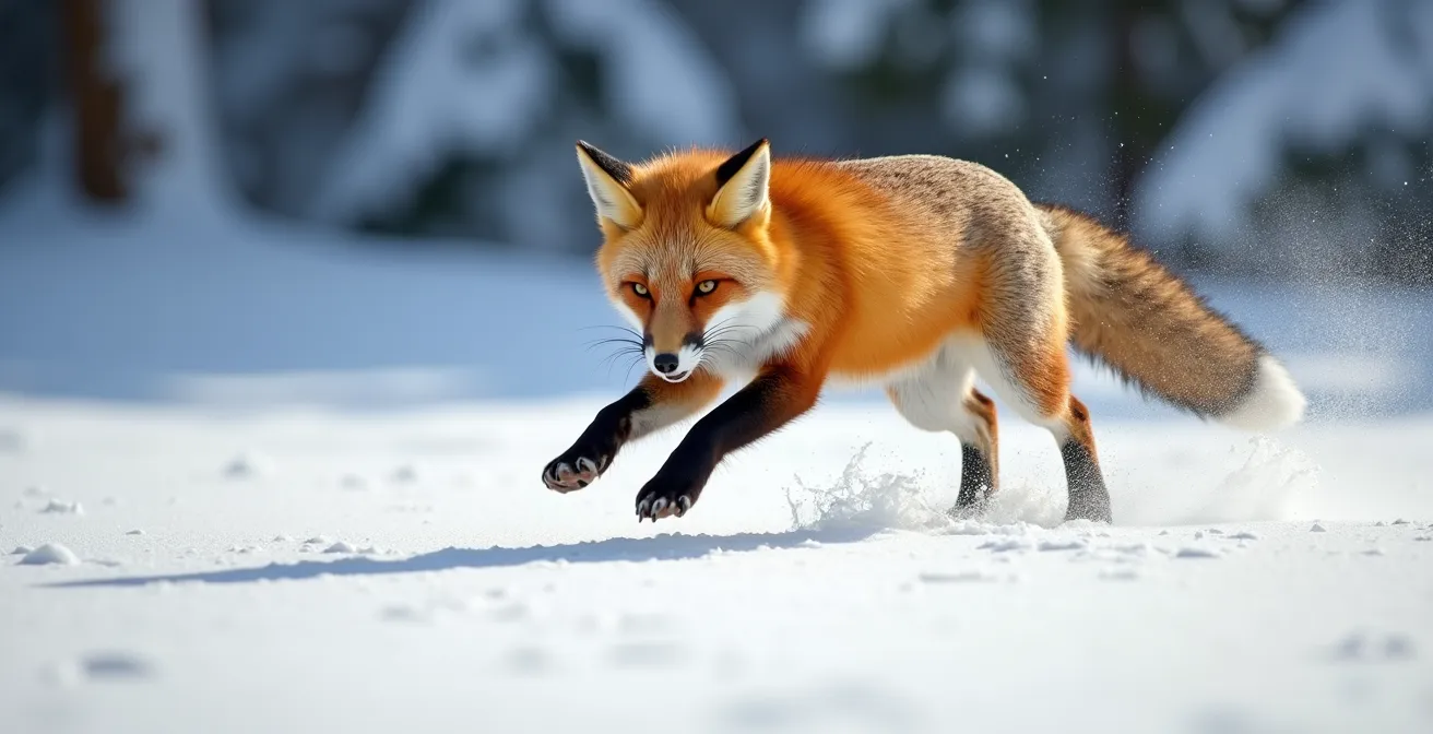Renard roux plongeant tête première dans la neige profonde en position de chasse caractéristique