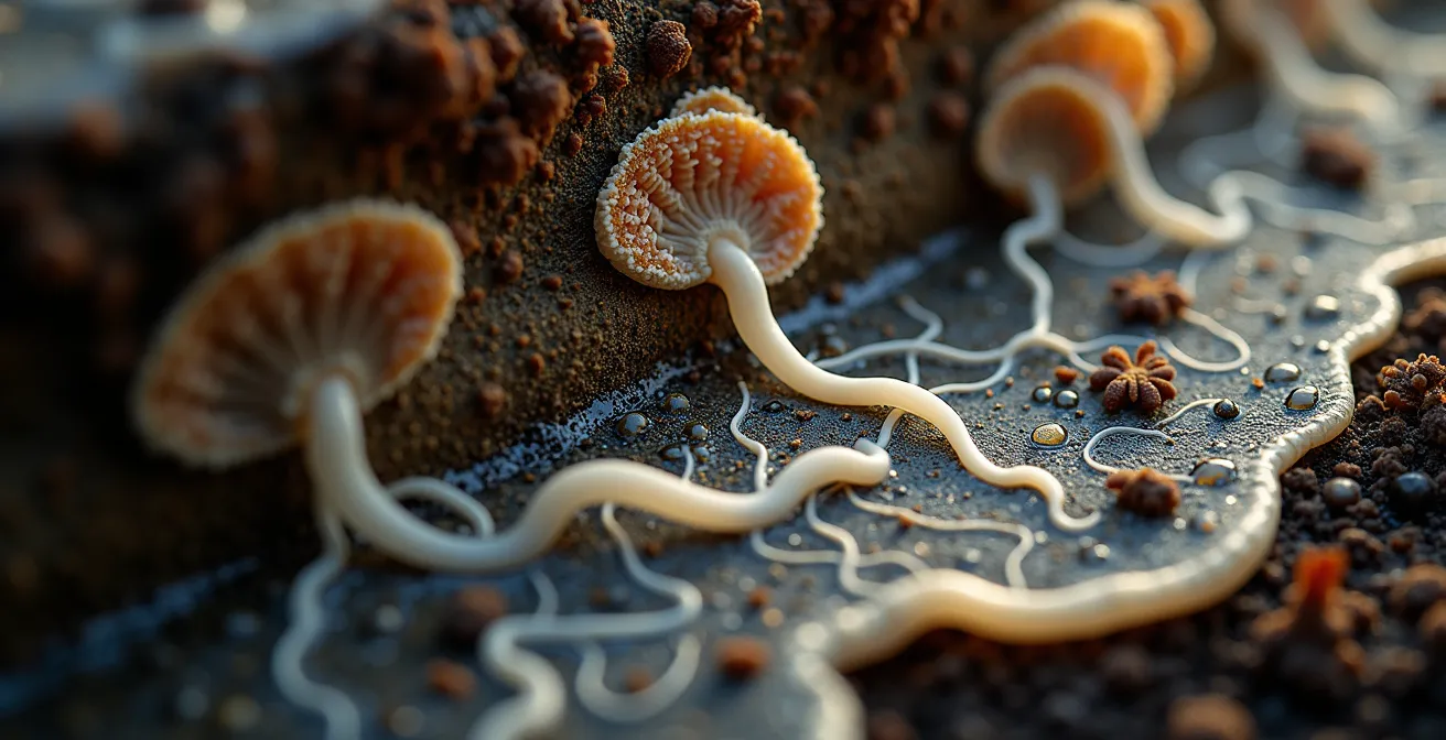 Vue macro des réseaux de champignons mycorhiziens connectant les racines d'érables et de sapins