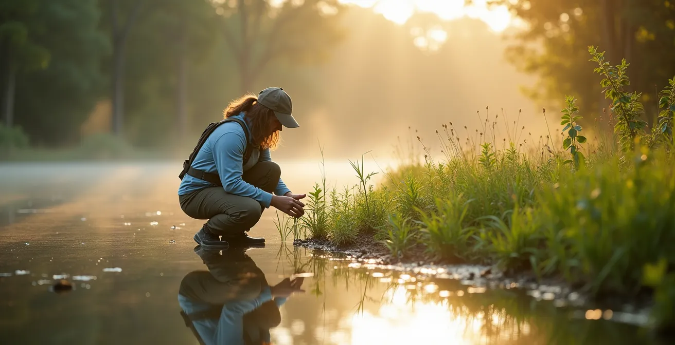 Milieu humide restauré avec végétation luxuriante et eau claire au Québec