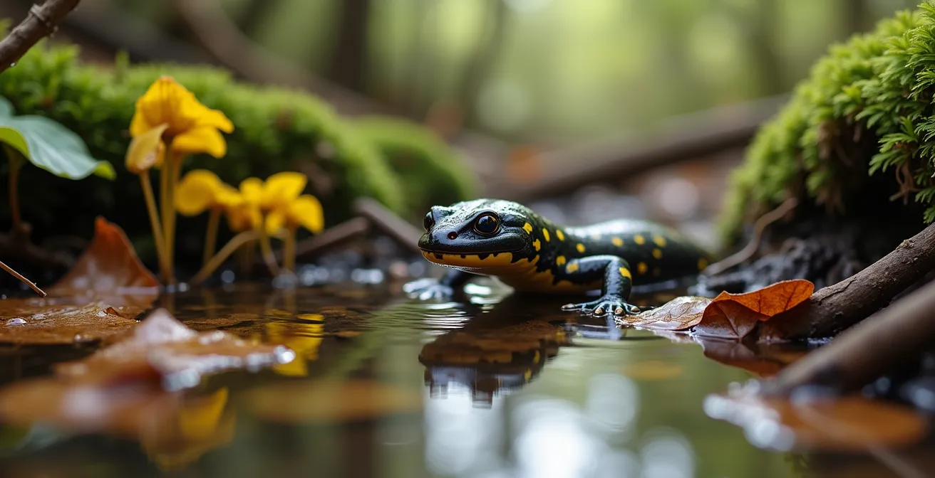Salamandre maculée dans une mare printanière entourée de feuilles mortes et de végétation émergente