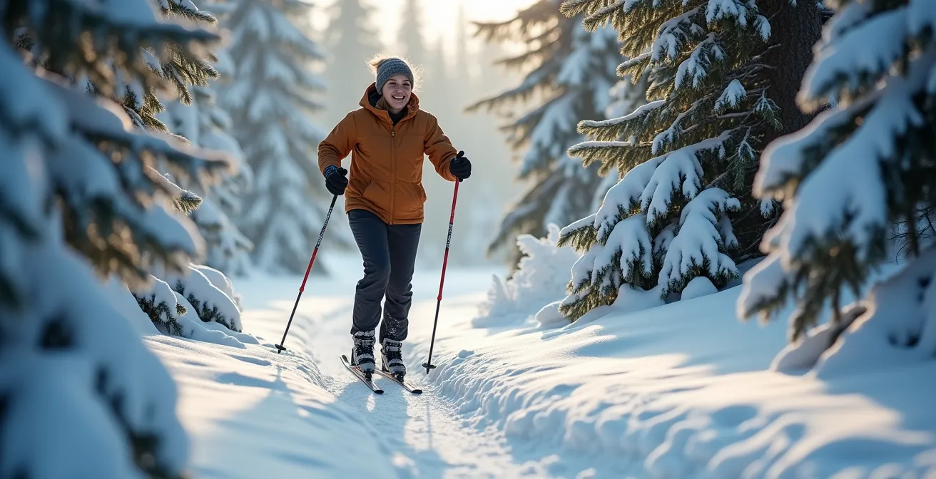 Skieur de fond glissant sur une fine couche de neige fraîche entre les sapins enneigés dans une lumière matinale