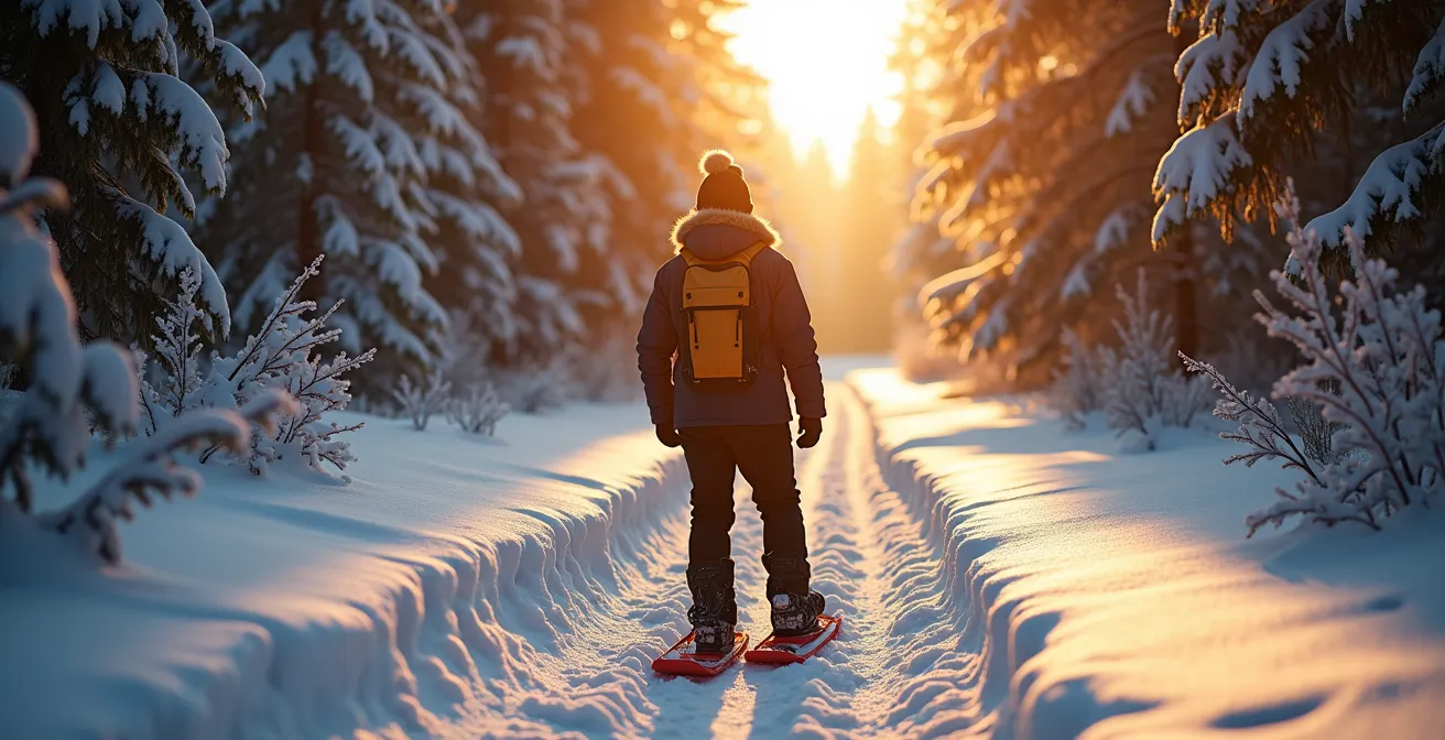 Personne utilisant des ski-raquettes et progressant avec aisance dans une forêt boréale enneigée du Québec