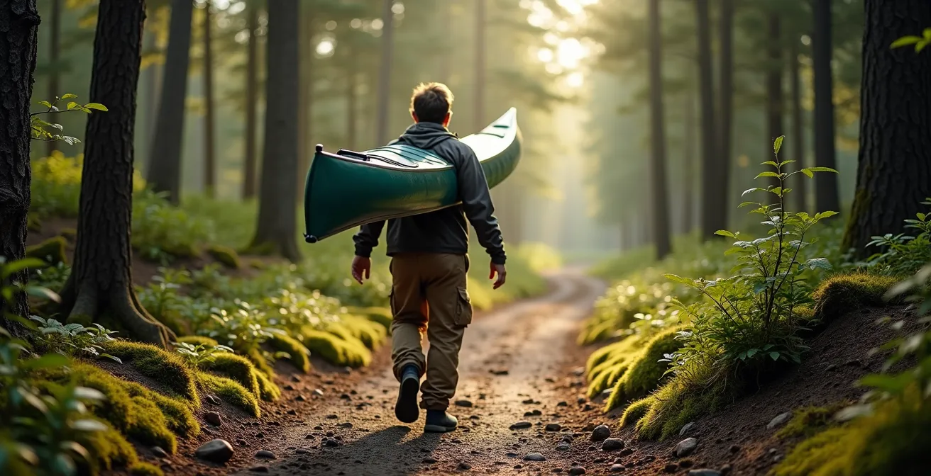 Personne portant un canot avec joug adapté sur sentier forestier canadien