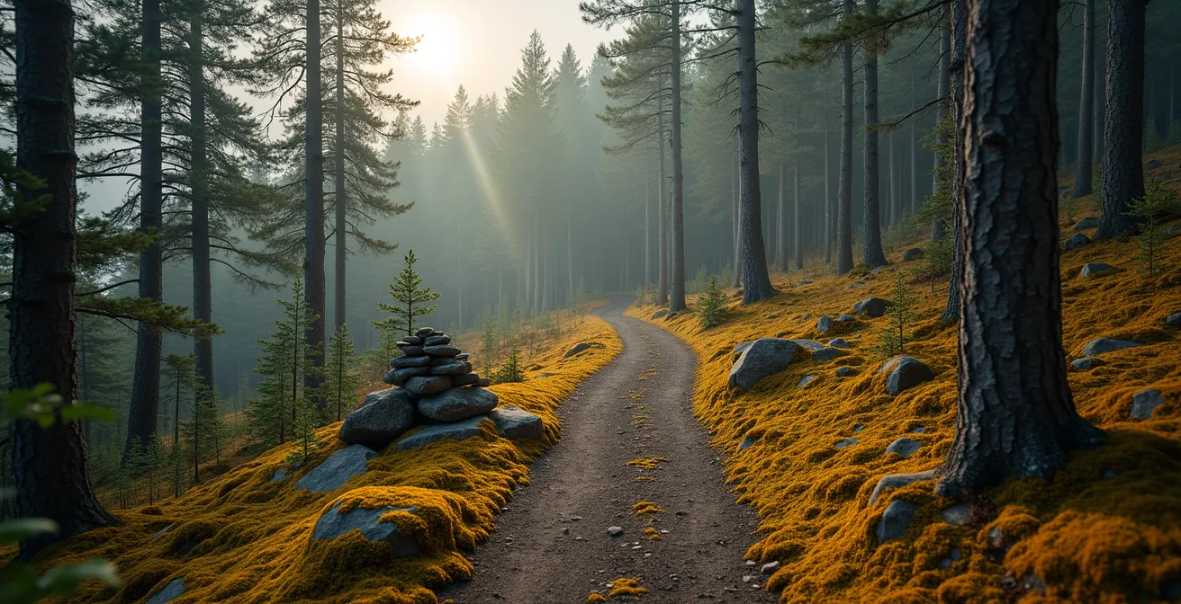 Vue immersive d'une forêt boréale avec un sentier traditionnel innu serpentant entre les épinettes noires, capturant la perspective culturelle des Premières Nations