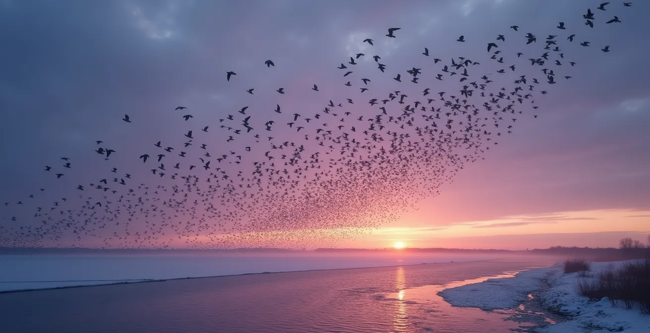 Volée d'oies des neiges en silhouette contre un ciel crépusculaire bleu-violet au-dessus du fleuve Saint-Laurent