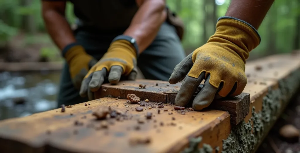 Garde-parc construisant un ponceau de bois au-dessus d'un ruisseau forestier Garde-parc construisant un ponceau de bois au-dessus d'un ruisseau forestier
